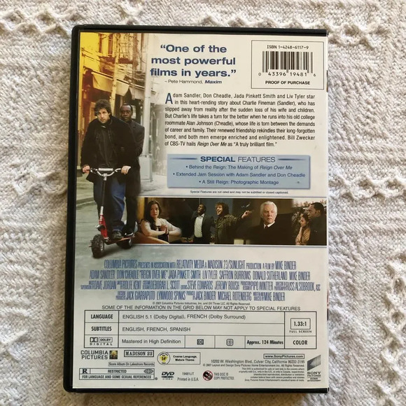 Reign Over Me Dvd 2007 Movie Box Adam Sandler Don Cheadle Drama Comedy - Picture 3 of 3